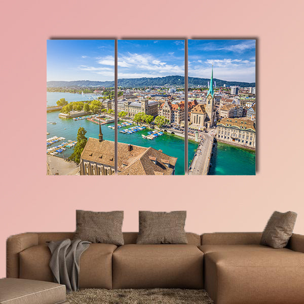 Aerial view of Zurich city center with famous Fraumunster wall art