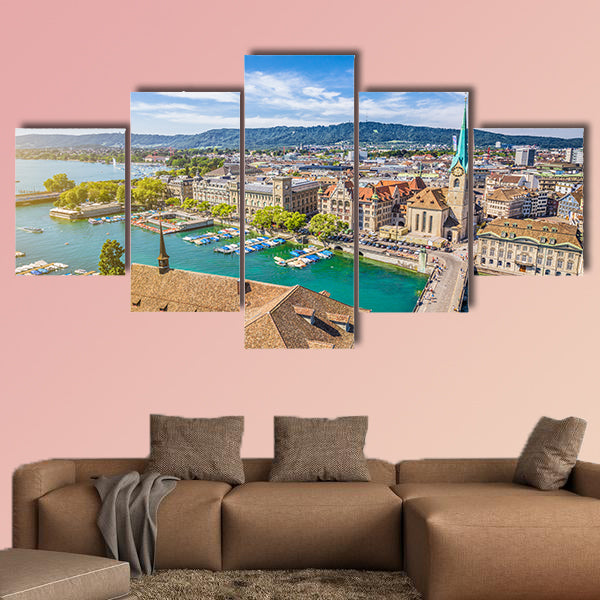 Aerial view of Zurich city center with famous Fraumunster wall art