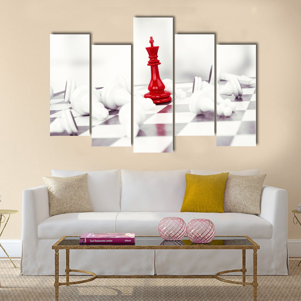 Red pawn chess wins against white pawns multi panel canvas wall art