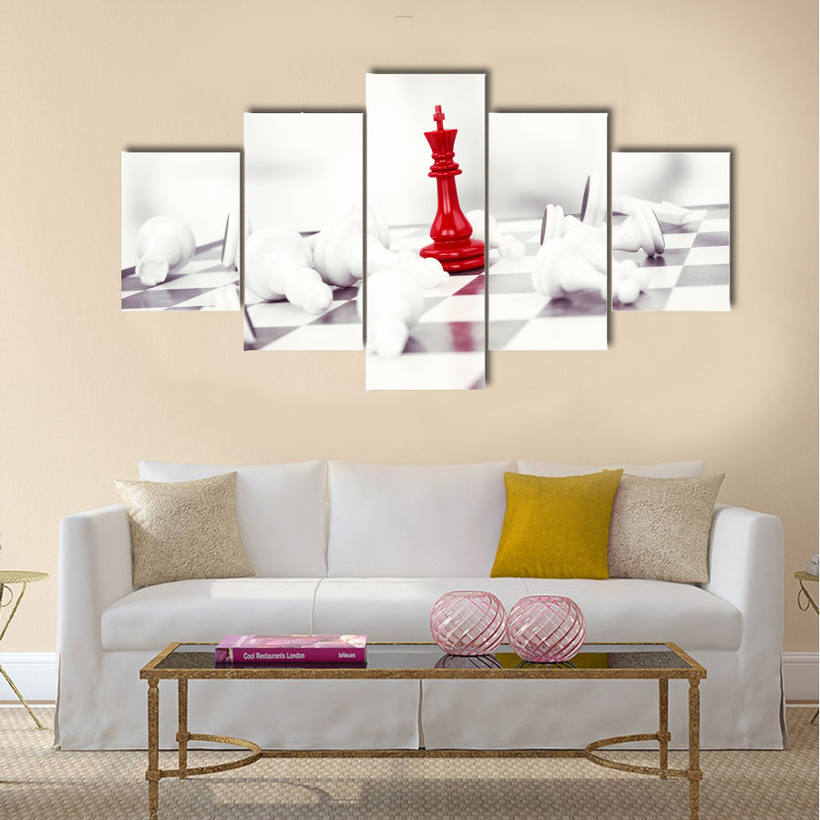 Red pawn chess wins against white pawns multi panel canvas wall art
