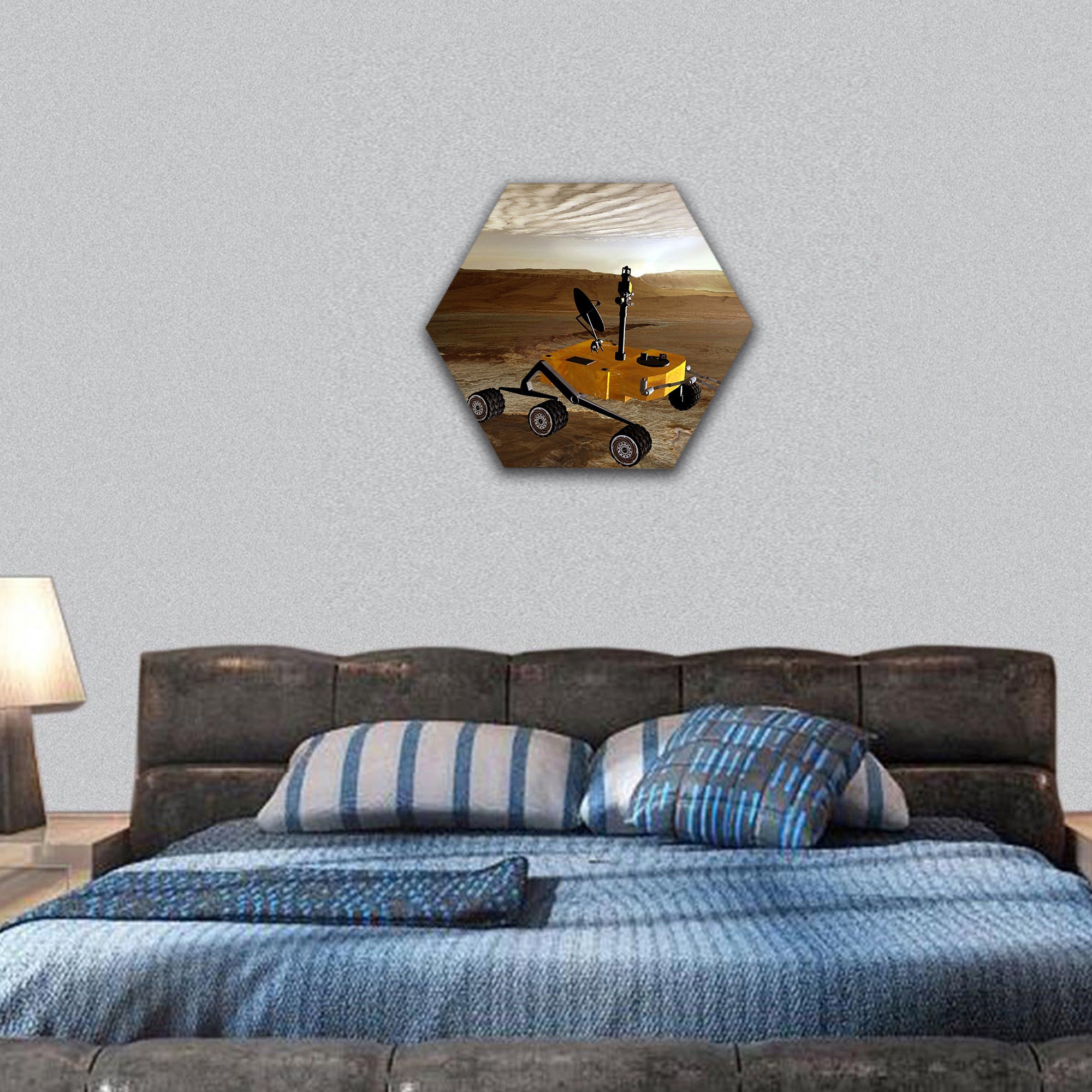 Rover on surface of planet Mars hexagonal canvas wall art