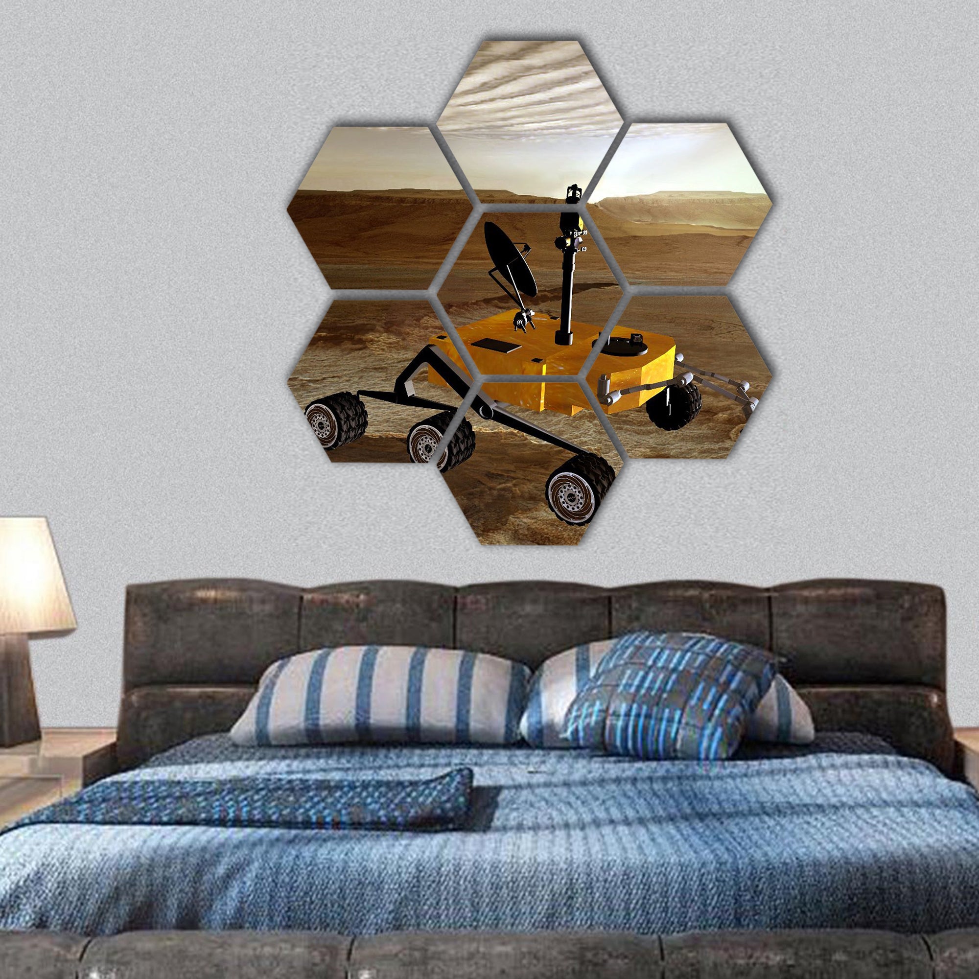 Rover on surface of planet Mars hexagonal canvas wall art
