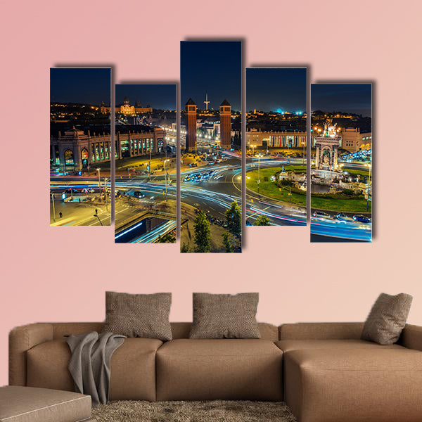 Spanish Square aerial view in Barcelona, Spain at night multi panel canvas wall art