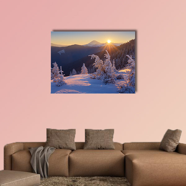 Winter landscape. Sunrise in the mountains. Beautiful World. Christmas scene wall art