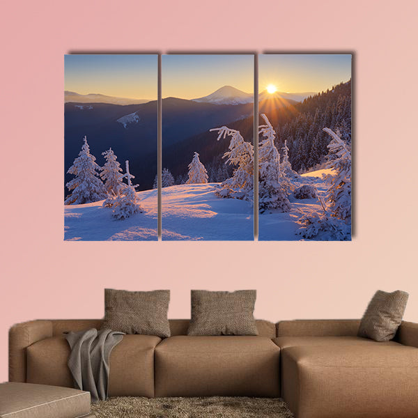 Winter landscape. Sunrise in the mountains. Beautiful World. Christmas scene wall art