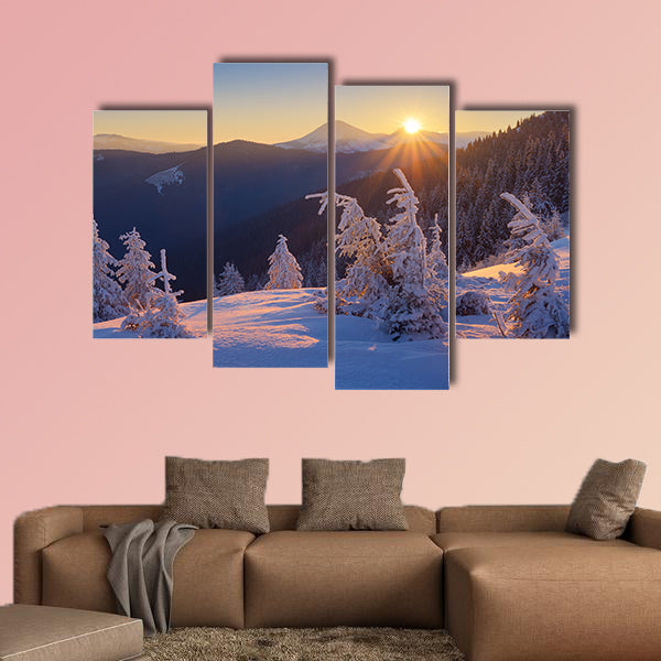 Winter landscape. Sunrise in the mountains. Beautiful World. Christmas scene wall art