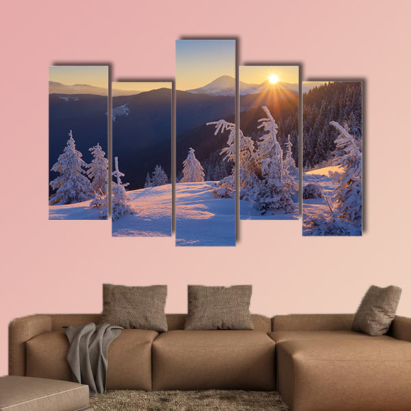 Winter landscape. Sunrise in the mountains. Beautiful World. Christmas scene wall art
