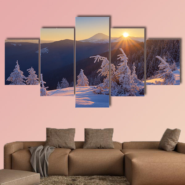 Winter landscape. Sunrise in the mountains. Beautiful World. Christmas scene wall art
