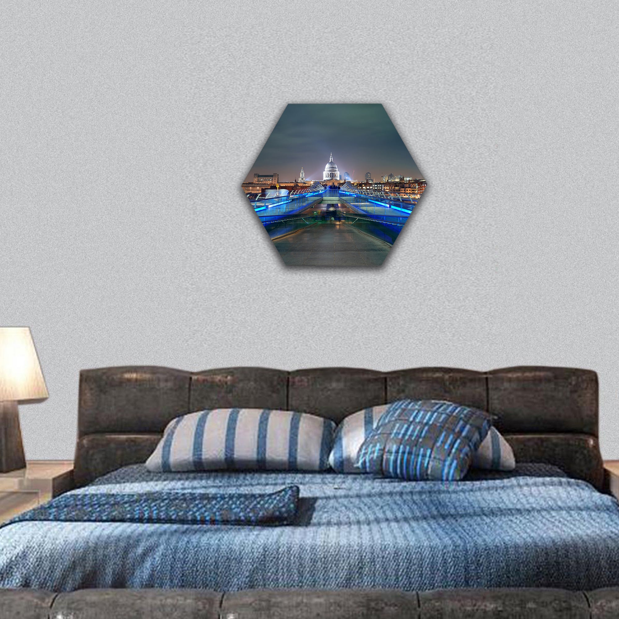 Millennium Bridge and St Pauls Cathedral at night in London hexagonal canvas wall art