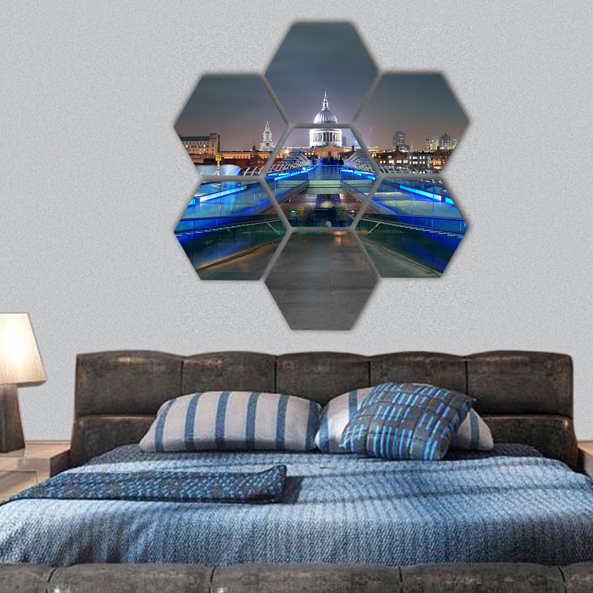 Millennium Bridge and St Pauls Cathedral at night in London hexagonal canvas wall art