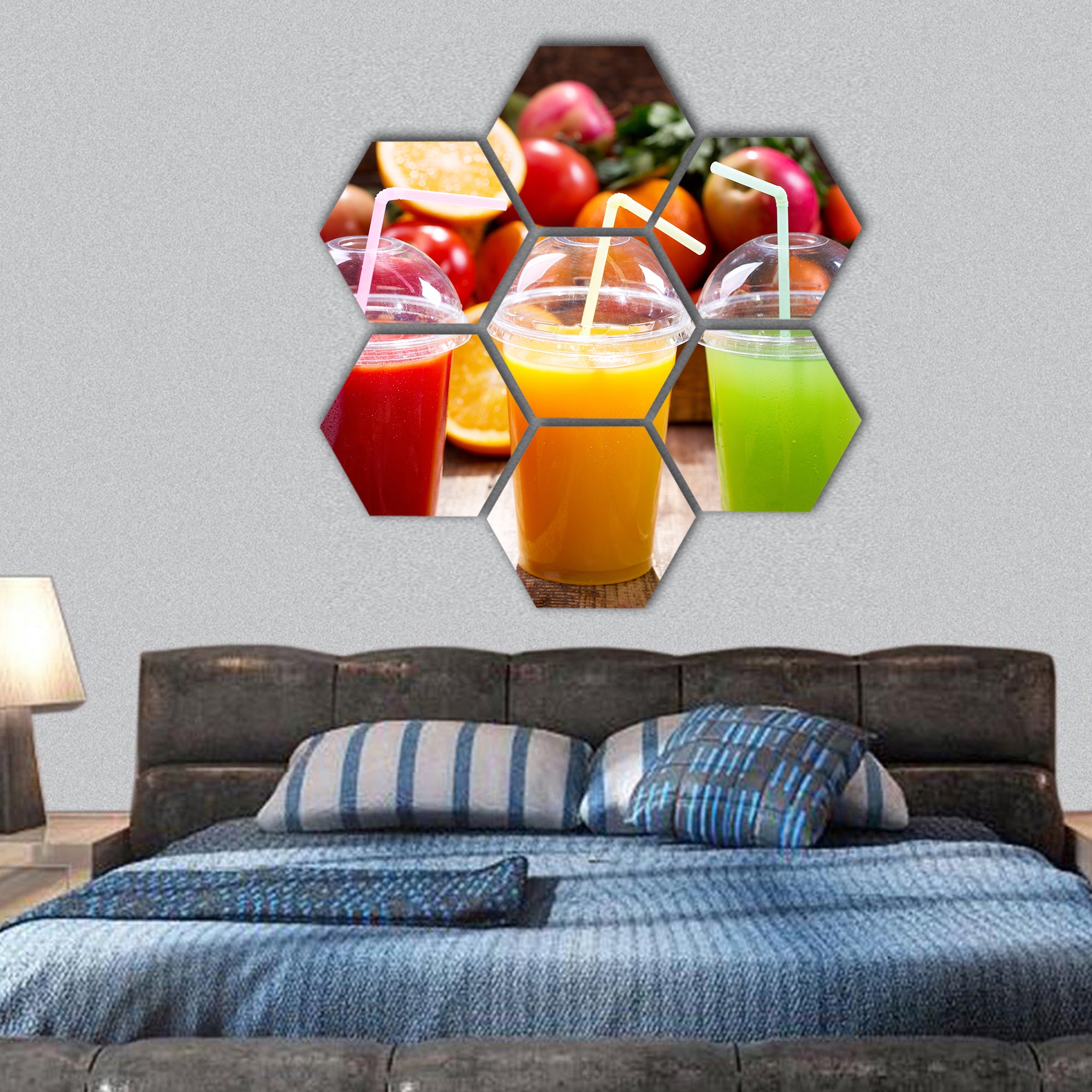 Fresh juices with fruits and vegetables hexagonal canvas wall art