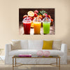 Fresh juices with fruits and vegetables on wooden background Multi panel canvas wall art