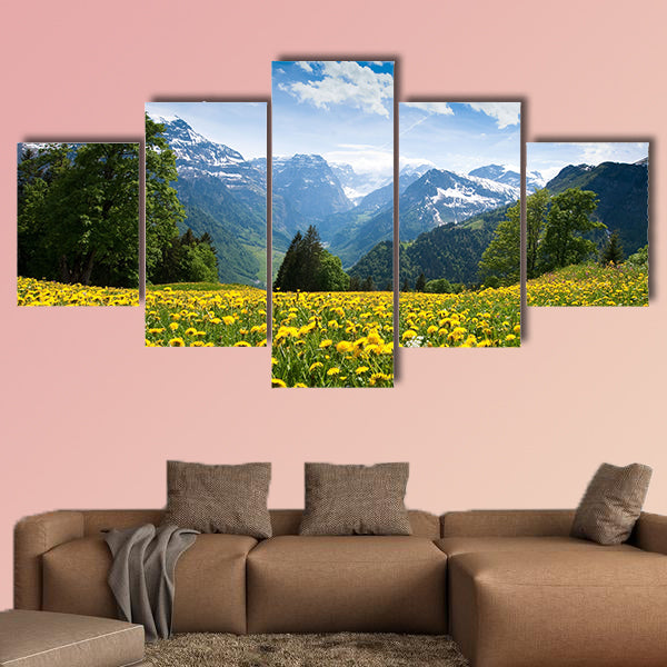 Scenic view from Braun Wald (Switzerland) with blossoming field wall art