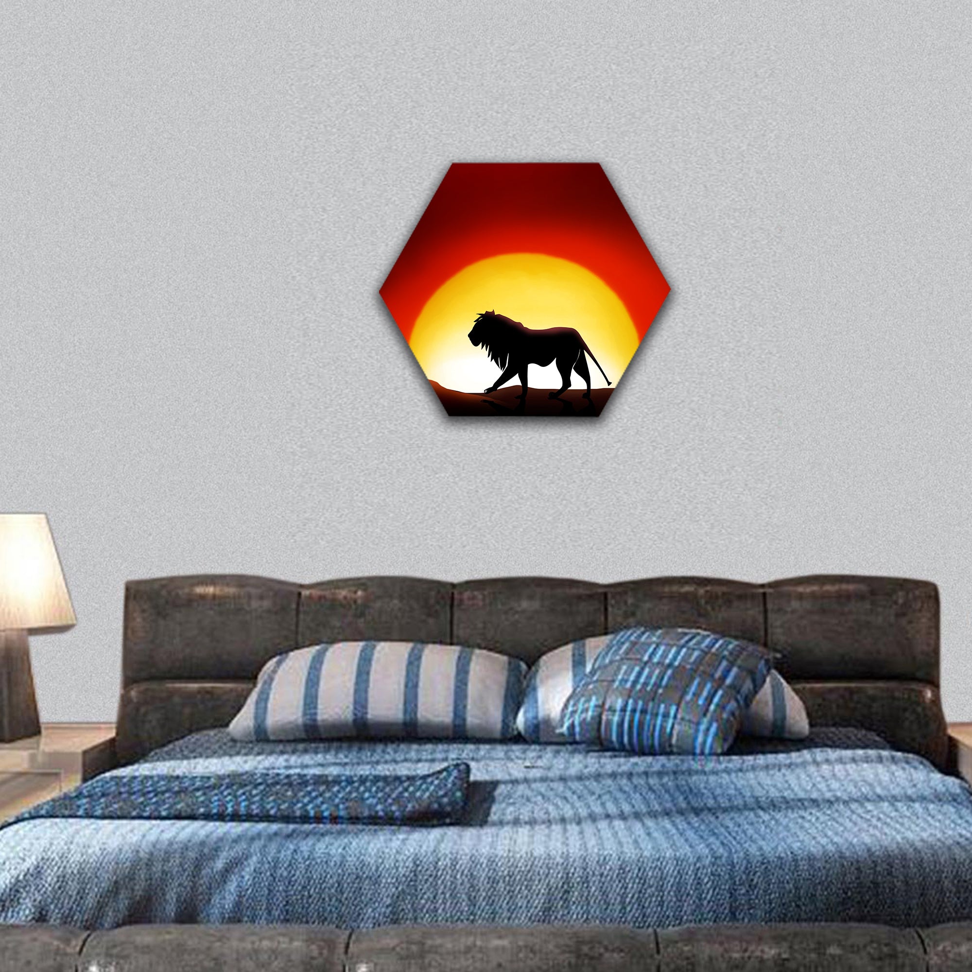 lonesome lion in a sunset of the Sahara desert hexagonal canvas wall art