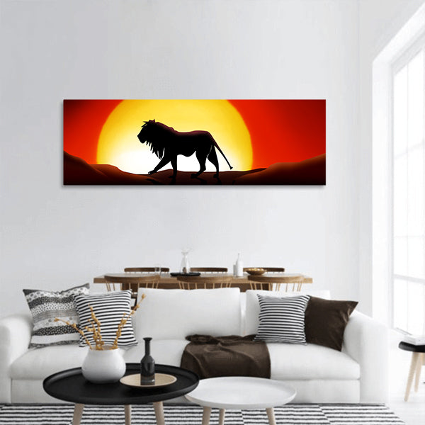Lion in a sunset of the sahara desert panoramic Canvas Wall Art