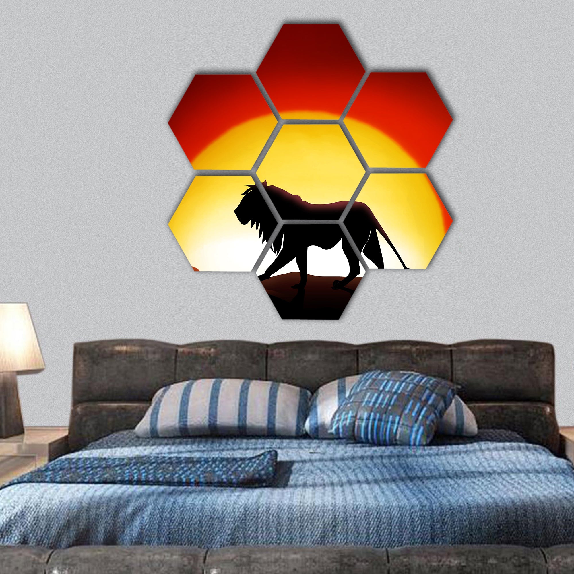 lonesome lion in a sunset of the Sahara desert hexagonal canvas wall art