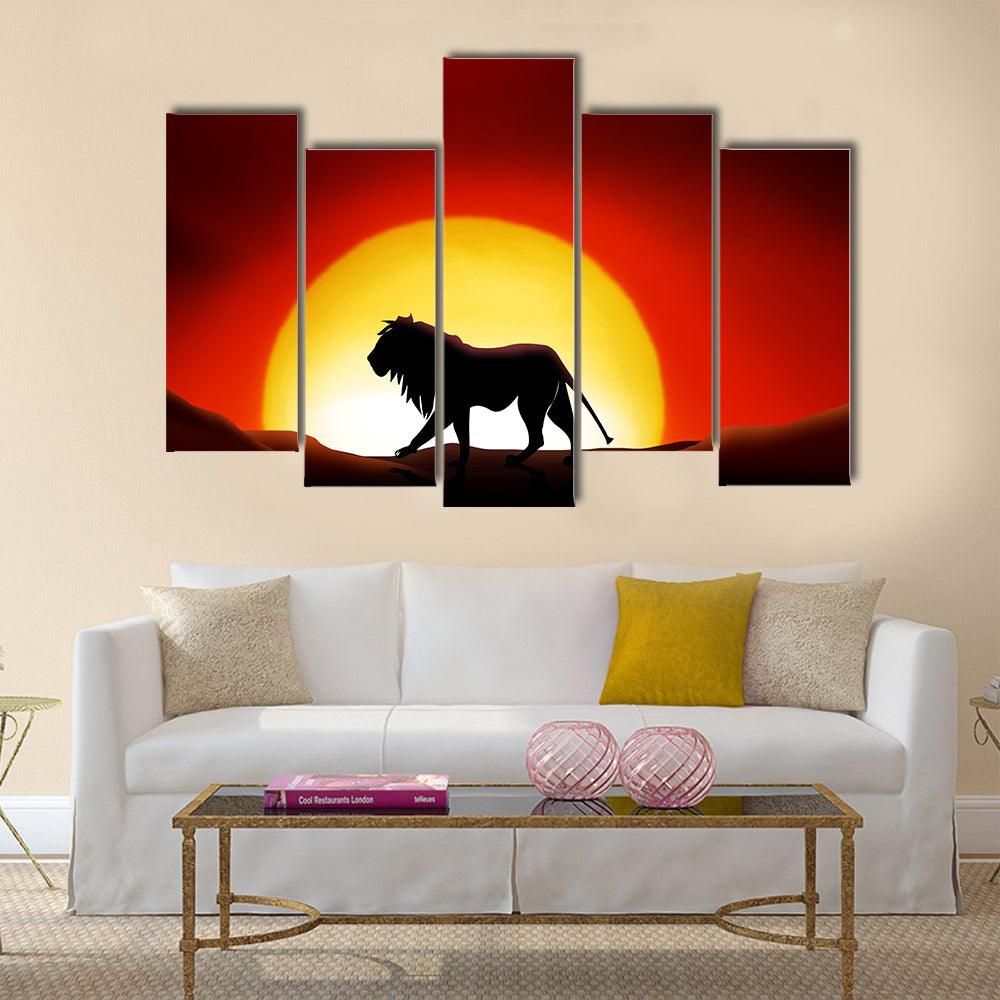Lonesome lion in a sunset of the sahara desert Multi panel canvas wall art