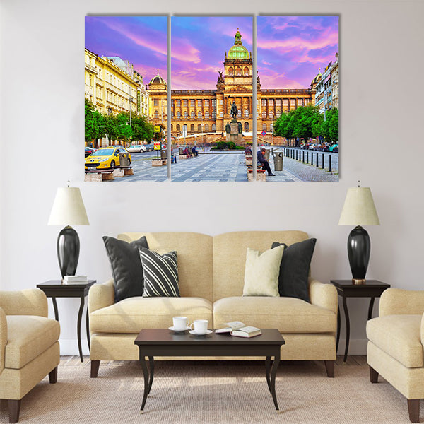 People on Wenceslas Square in Prague at night Multi Panel Canvas Wall Art