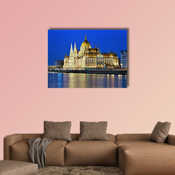 Evening view of the Hungarian Parliament Building multi panel canvas wall art