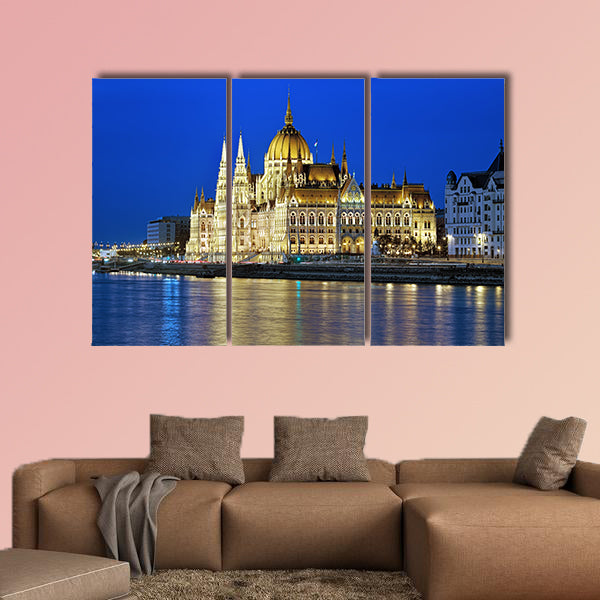 Evening view of the Hungarian Parliament Building multi panel canvas wall art