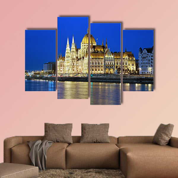 Evening view of the Hungarian Parliament Building multi panel canvas wall art