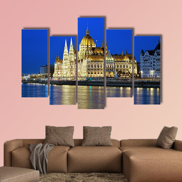 Evening view of the Hungarian Parliament Building multi panel canvas wall art