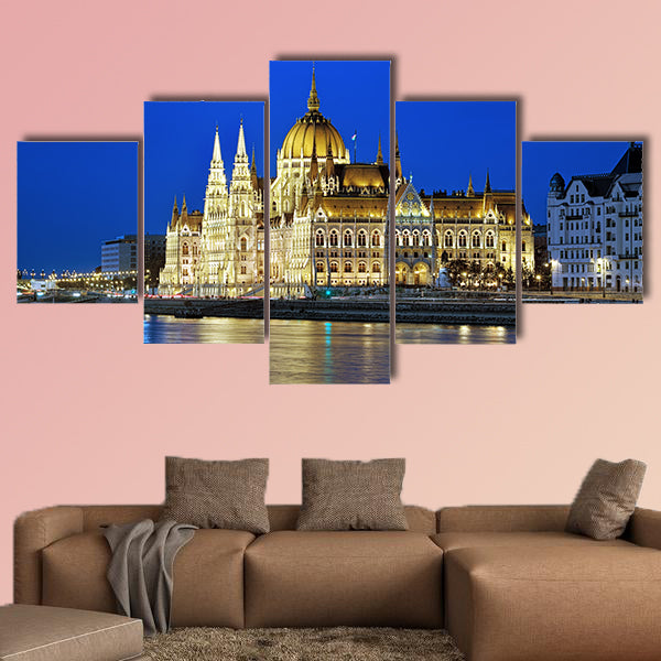Evening view of the Hungarian Parliament Building multi panel canvas wall art