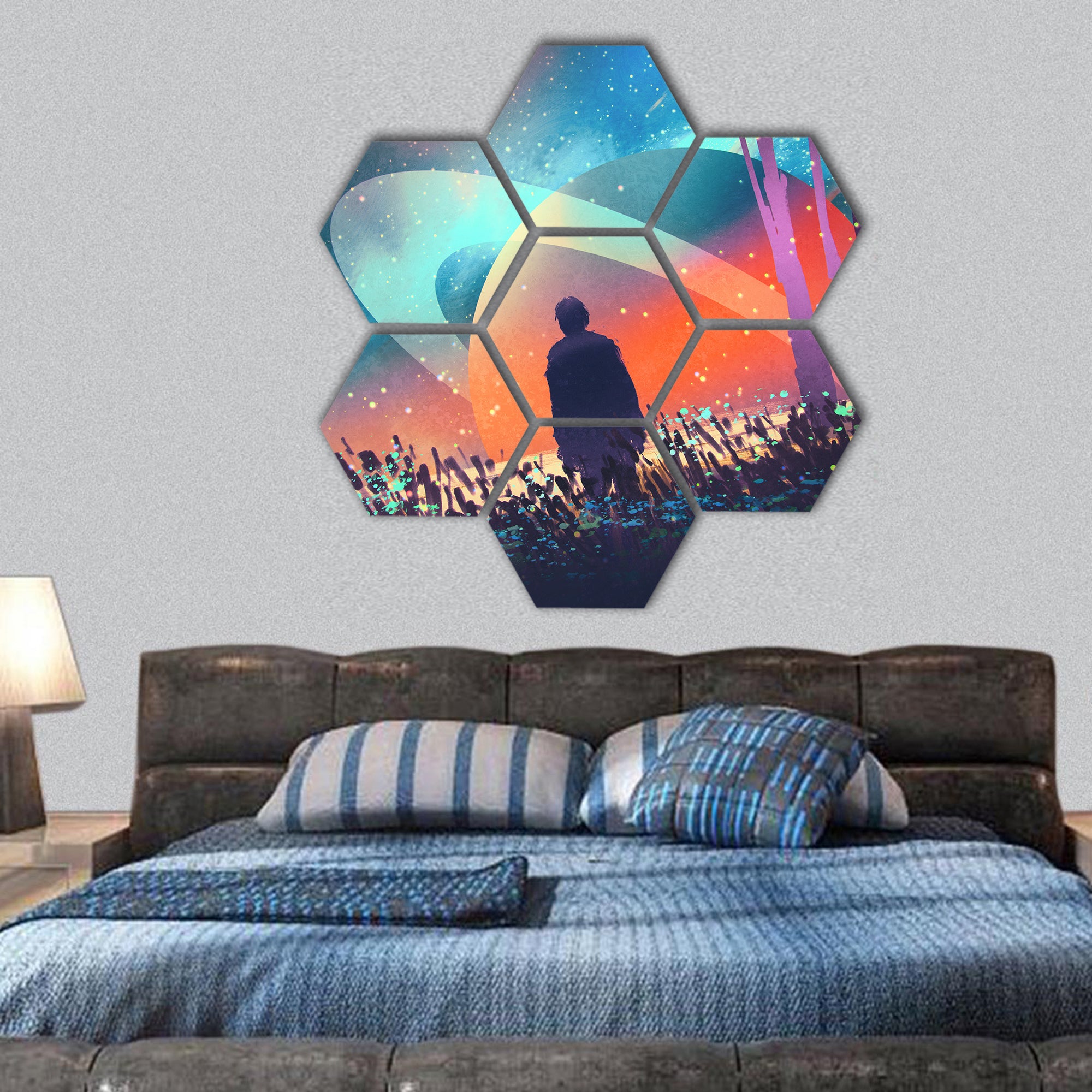Man standing alone in forest hexagonal canvas wall art