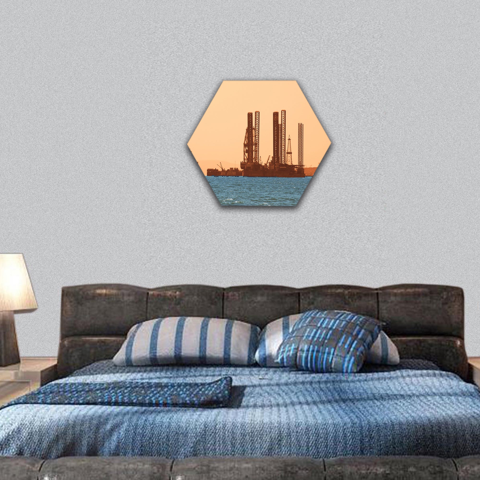 Oil rig during sunset in Baku, Azerbaijan in Caspian Sea hexagonal canvas wall art
