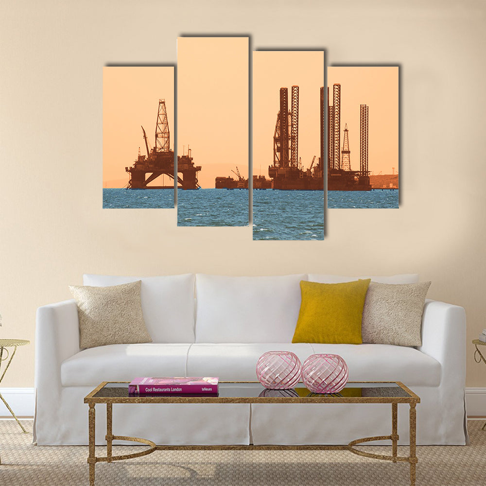 Oil rig during sunset in Baku, Azerbaijan in Caspian Sea Multi panel canvas wall art