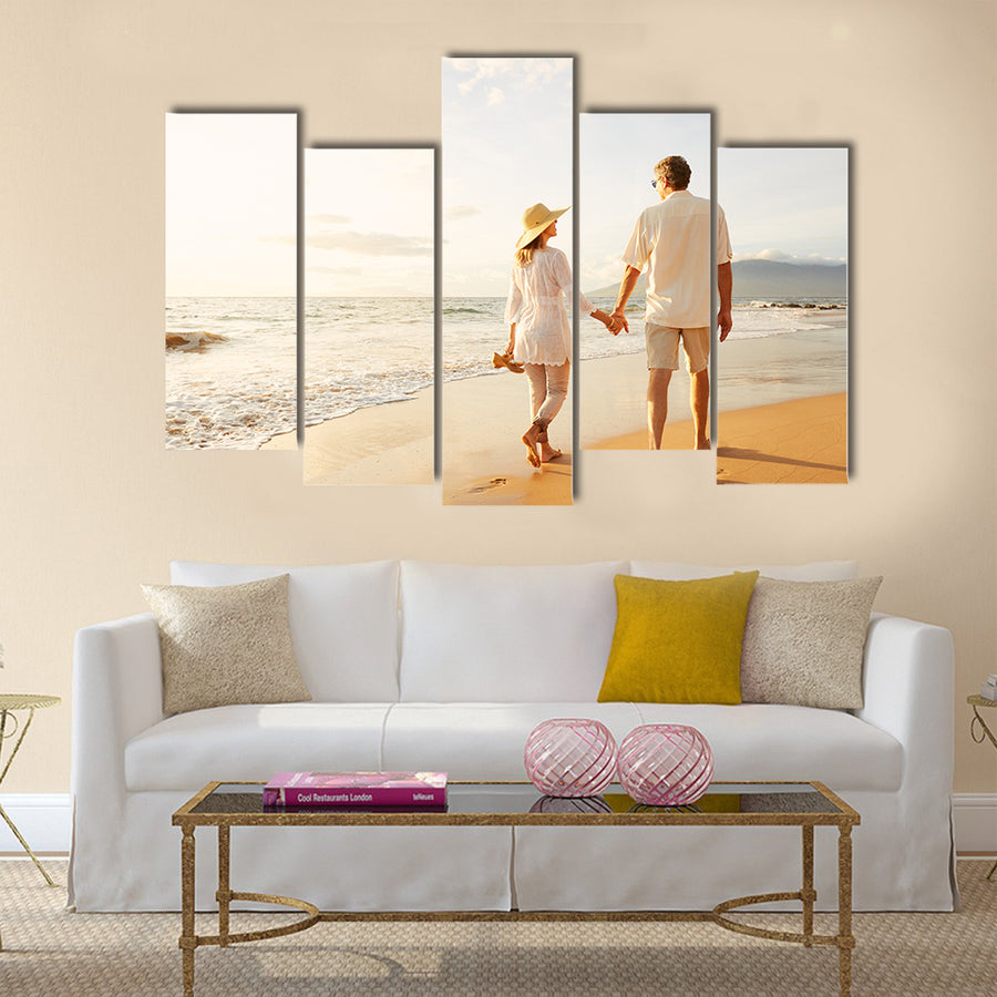Happy Romantic Middle Aged Couple Enjoying Beautiful Sunset Walk on the Beach, Multi panel canvas wall art