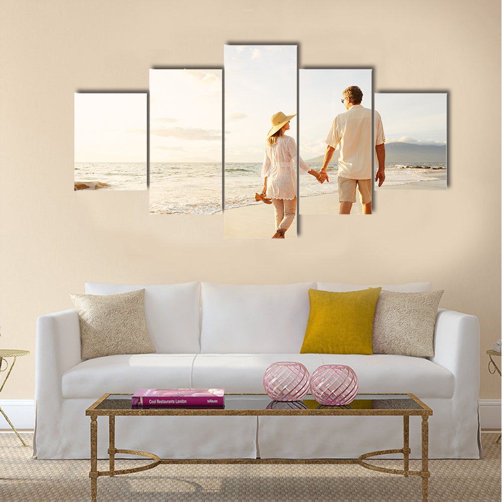 Happy Romantic Middle Aged Couple Enjoying Beautiful Sunset Walk on the Beach, Multi panel canvas wall art
