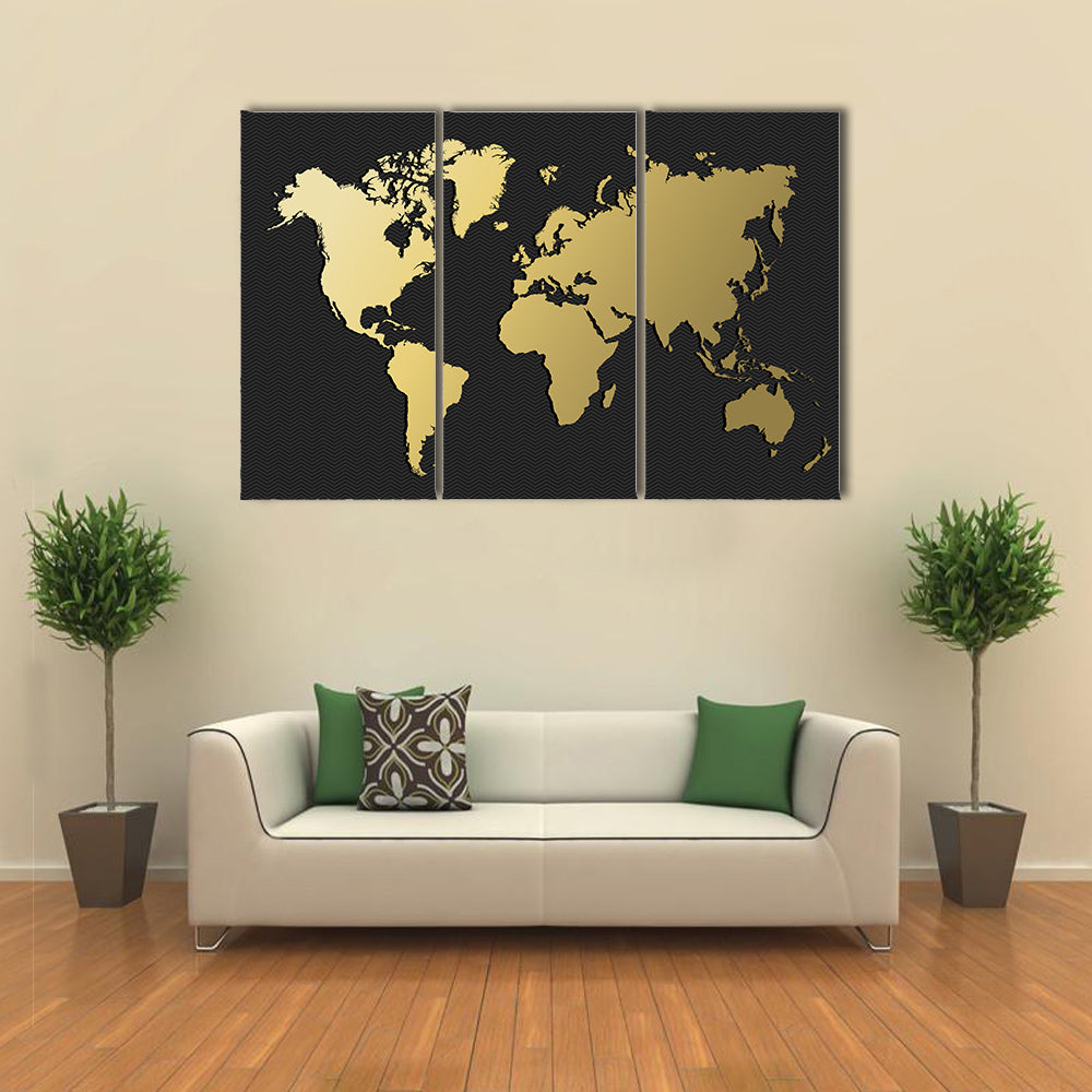 Empty world map silhouette in gold color, concept illustration multi panel canvas wall art