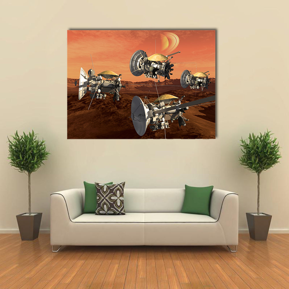 Spacecraft Probes Over A Red Planet For Space Exploration Multi Panel Wall Art