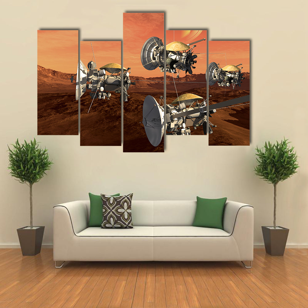 Spacecraft Probes Over A Red Planet For Space Exploration Multi Panel Wall Art