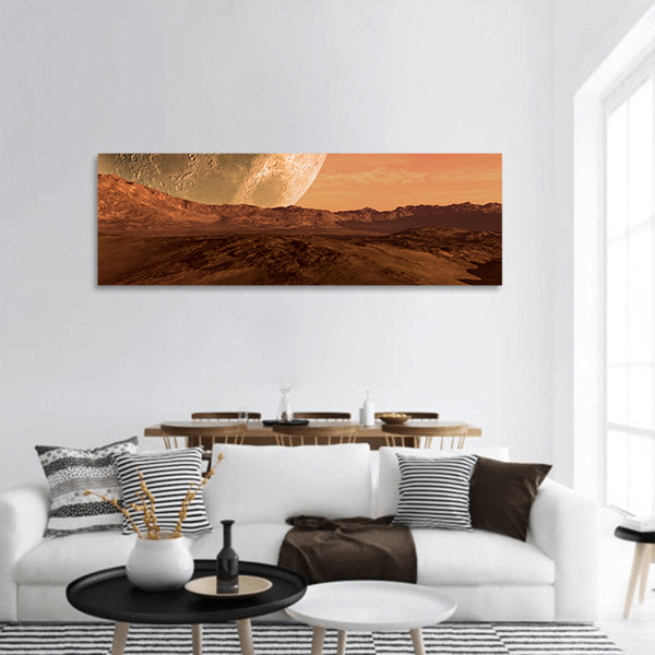 Mars like red planet with arid landscape panoramic canvas wall art.