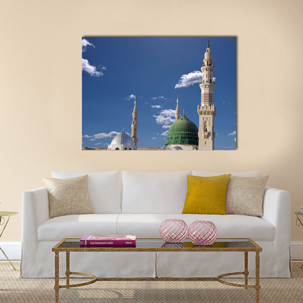 Exterior view of minarets and green dome of a mosque  multi panel canvas wall art