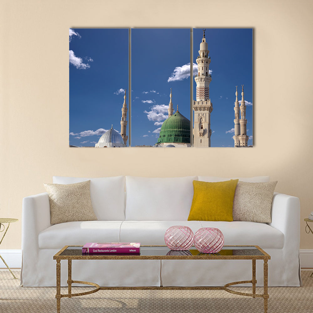 Exterior view of minarets and green dome of a mosque  multi panel canvas wall art