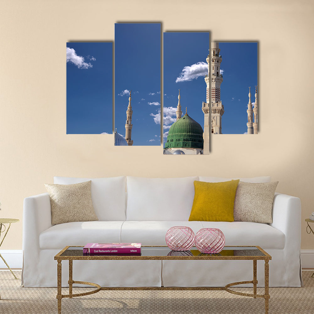 Exterior view of minarets and green dome of a mosque  multi panel canvas wall art
