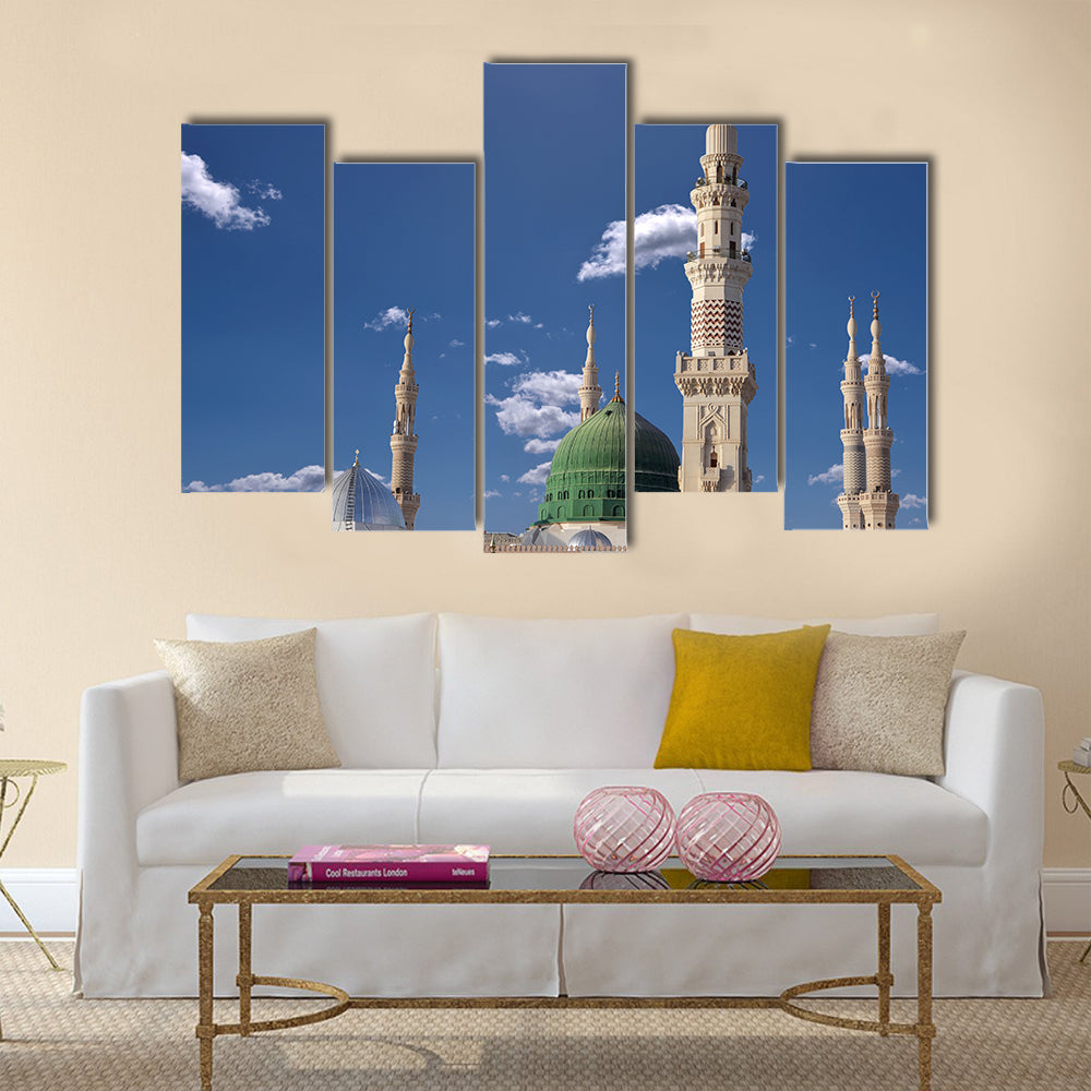 Exterior view of minarets and green dome of a mosque  multi panel canvas wall art