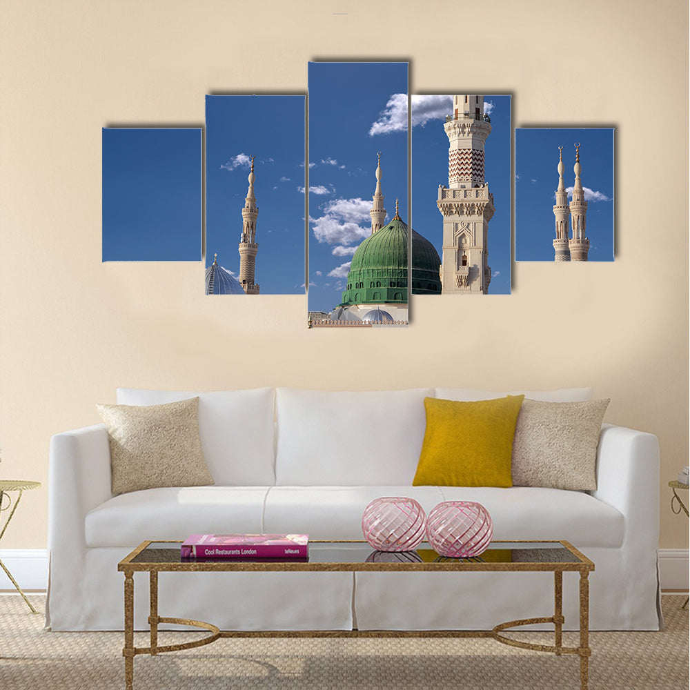 Exterior view of minarets and green dome of a mosque  multi panel canvas wall art
