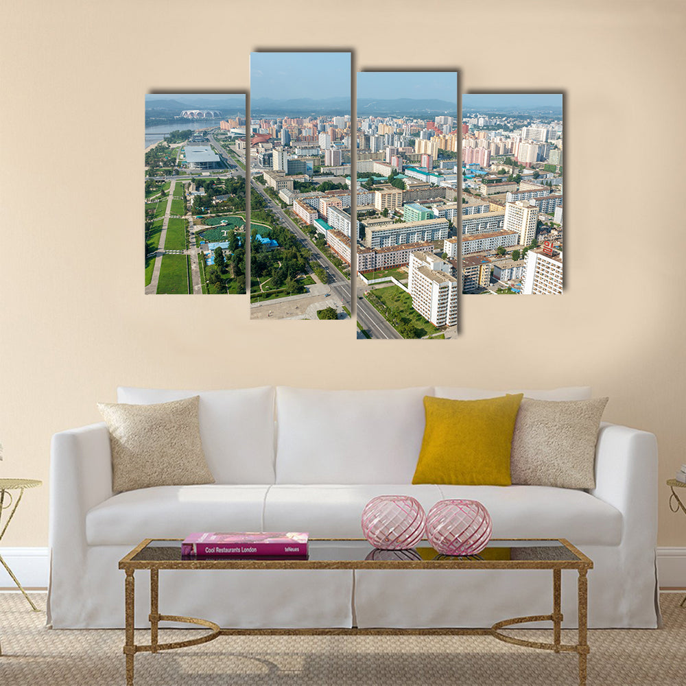Aerial view of the city in Pyongyang, North Korea multi panel canvas wall art