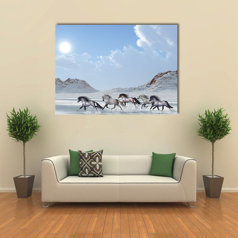 A herd of Wild Horses Run in the Snows of a Bright Winter Day. Multi Panel Canvas Wall Art