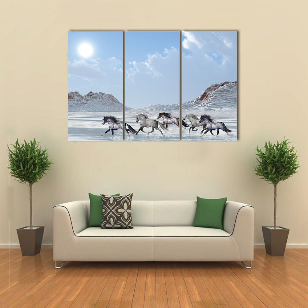 A herd of Wild Horses Run in the Snows of a Bright Winter Day. Multi Panel Canvas Wall Art