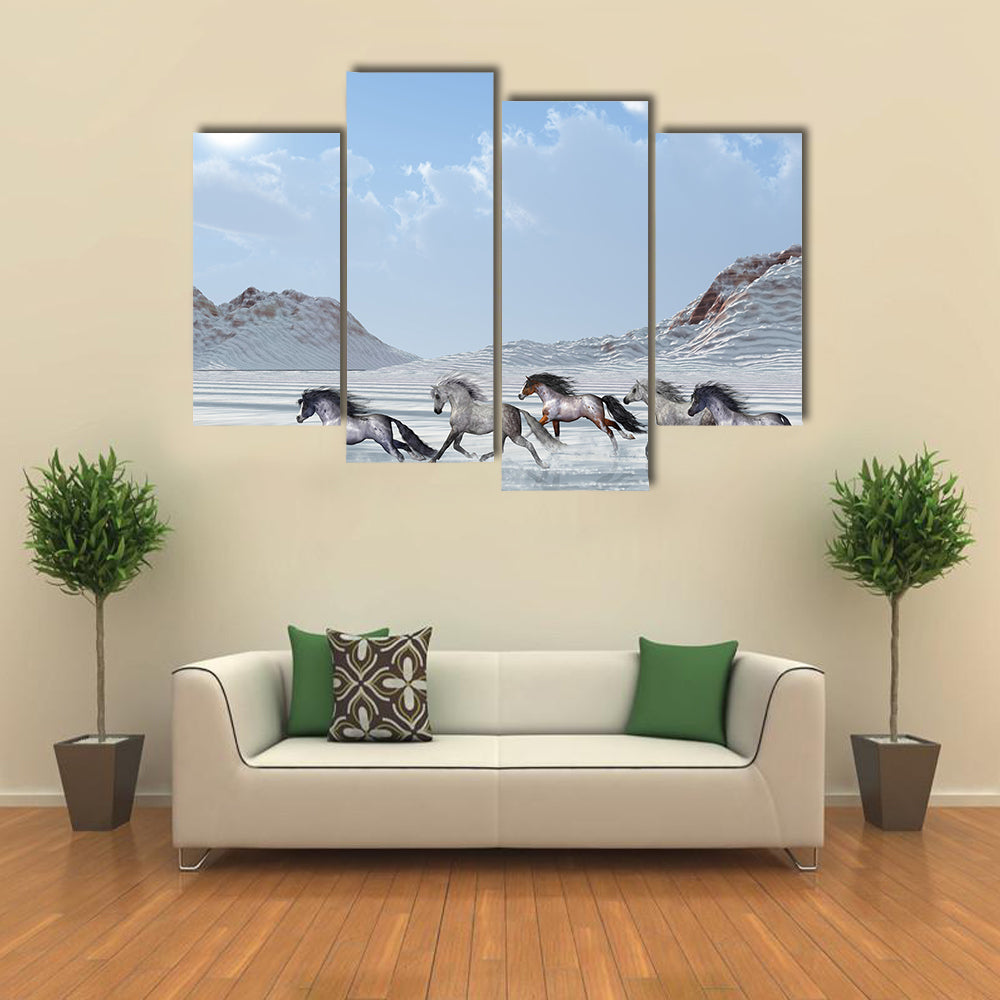 A herd of Wild Horses Run in the Snows of a Bright Winter Day. Multi Panel Canvas Wall Art