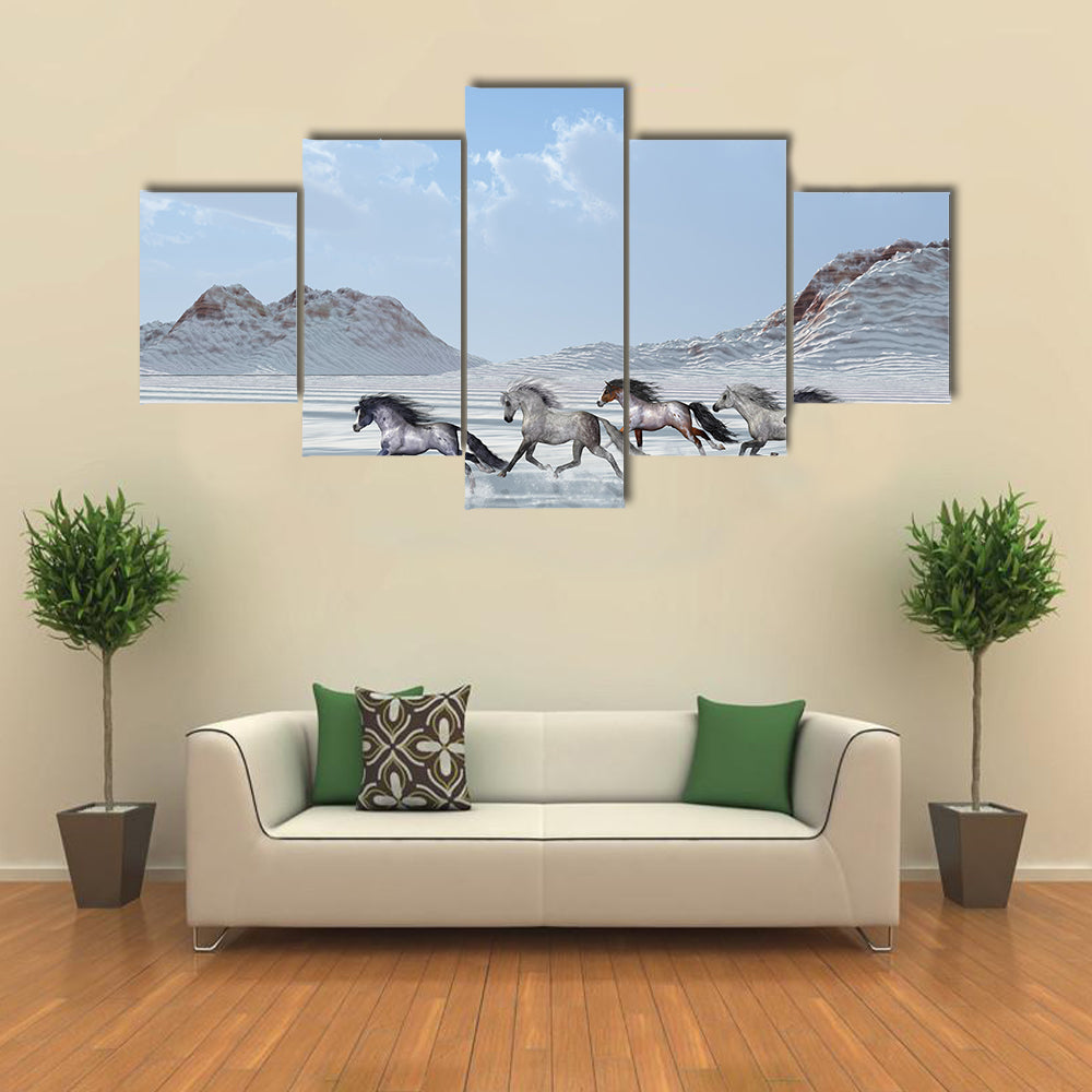 A herd of Wild Horses Run in the Snows of a Bright Winter Day. Multi Panel Canvas Wall Art