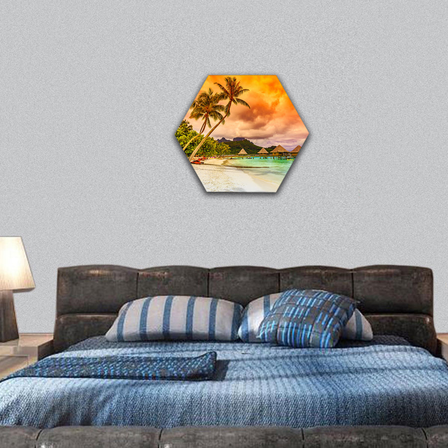 Bora Bora, Otemanu mountain, beach and palm trees hexagonal canvas wall art