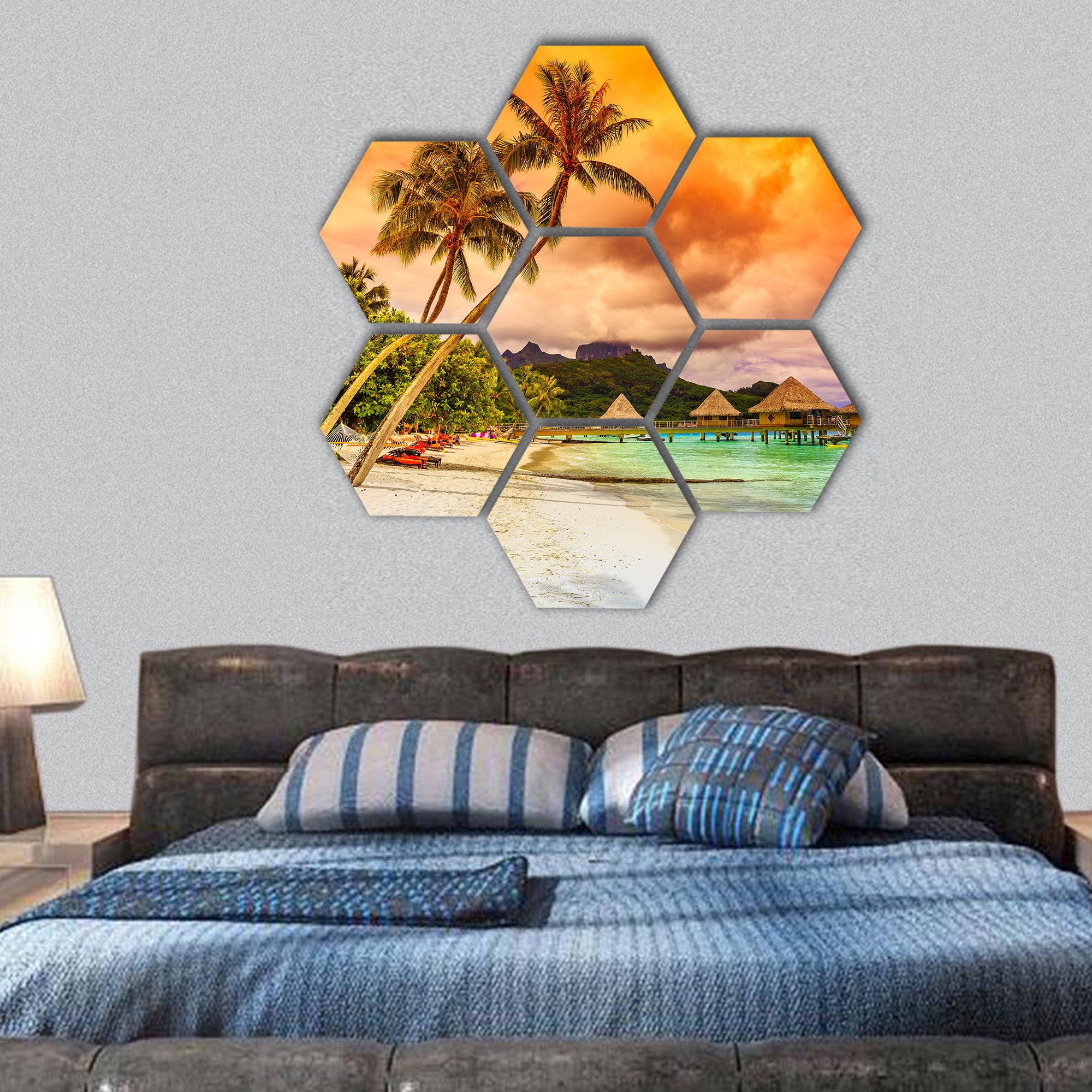 Bora Bora, Otemanu mountain, beach and palm trees hexagonal canvas wall art