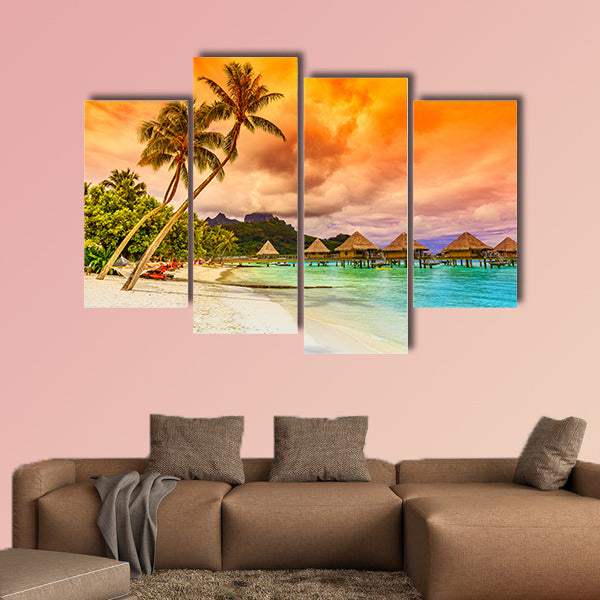 Bora Bora, French Polynesia mountain, beach and palm trees.