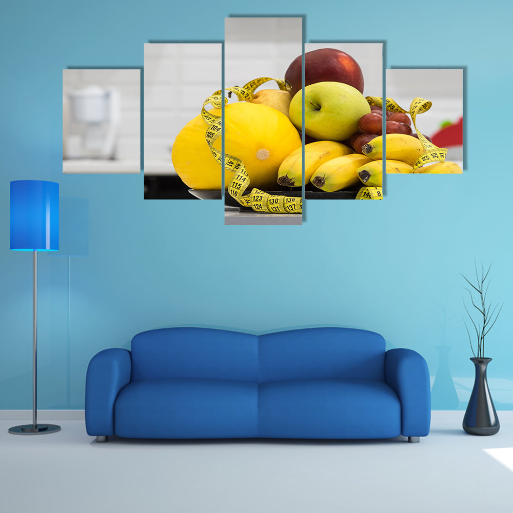 Plate with measuring tape and fruits on the table, Vegetarian diet for weight loss, Multi panel canvas wall art